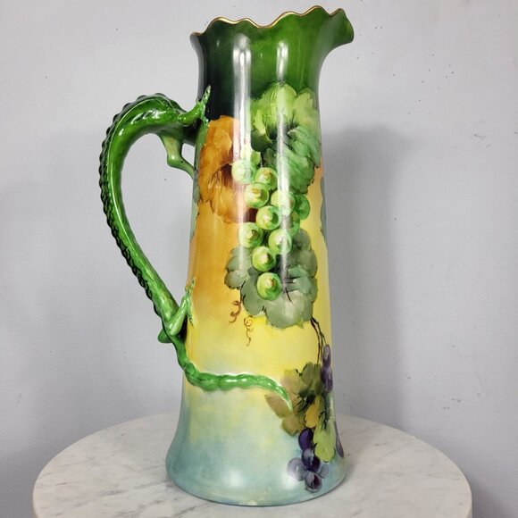 VINTAGE HUGE 15" JPL LIMOGES HAND PAINTED GRAPES DRAGON HANDLE TANKARD PITCHER - Picture 10 of 16